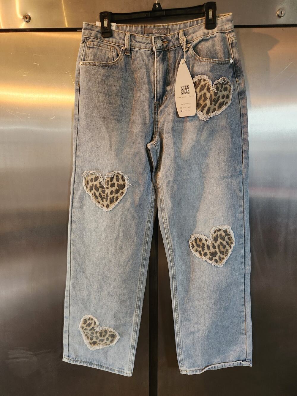 Cali 1850 Leopard Heart Patch Jeans Wide Leg Light Wash NWT Size 11